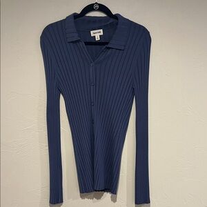 Open Edit Women's Navy Ribbed Button Down Shirt